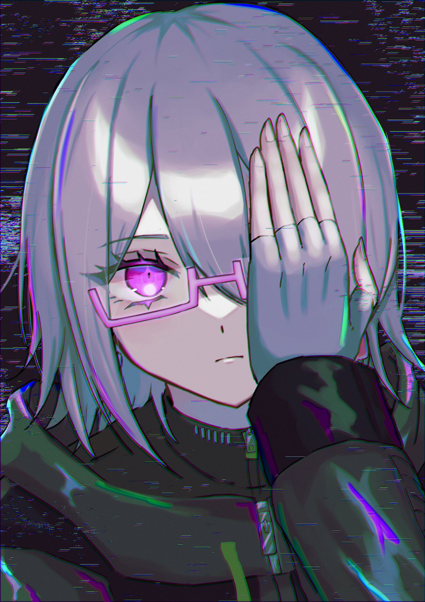 1other, closed_mouth, covering_one_eye, donburi_(minami_don), fingerless_gloves, glasses, gloves, grey_gloves