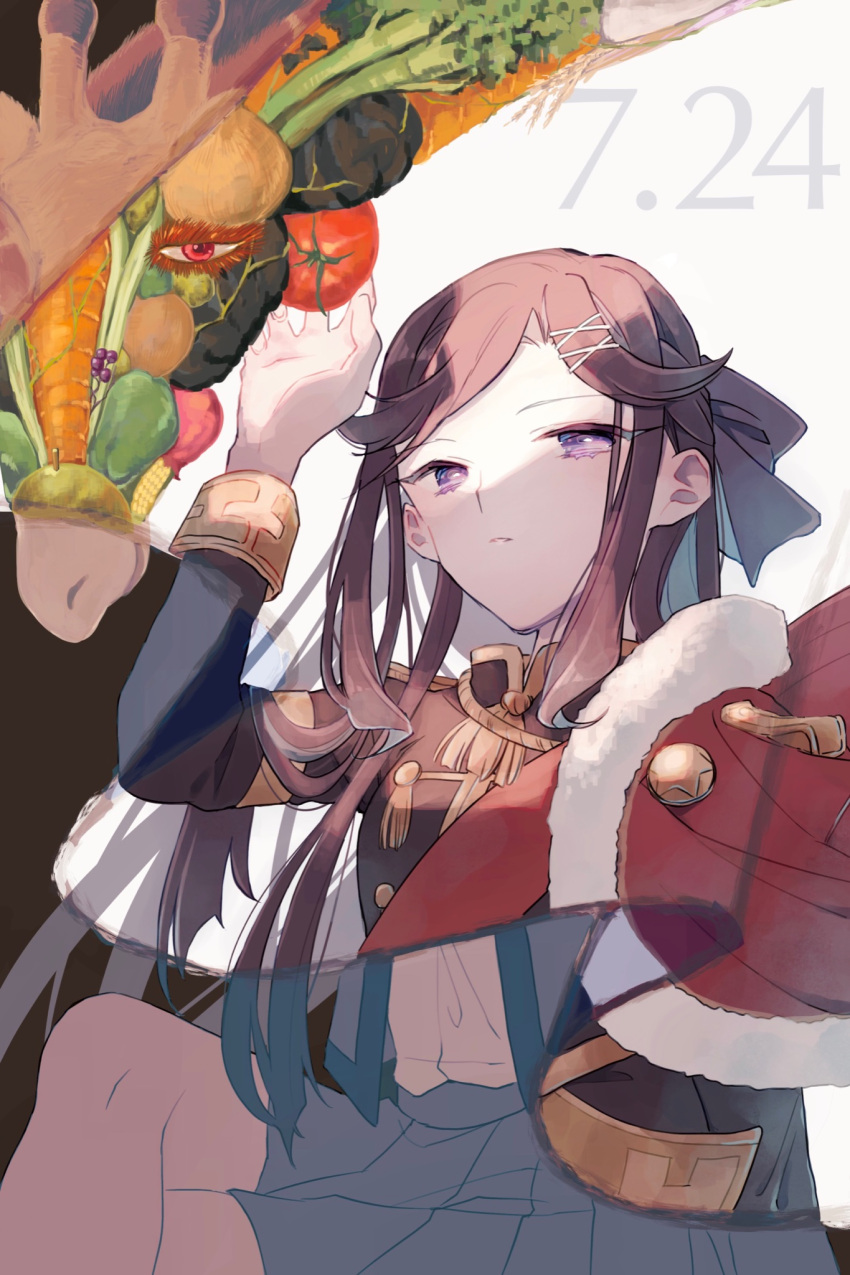 1girl, animal, arm_at_side, arm_up, black_jacket, bow, broccoli, brown_background