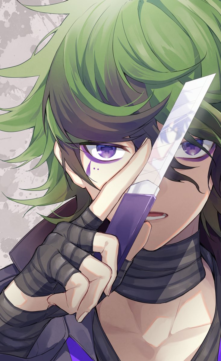 1boy, bandaged_hand, bandaged_neck, bandages, boxcutter, commentary_request, eyeliner, green_hair