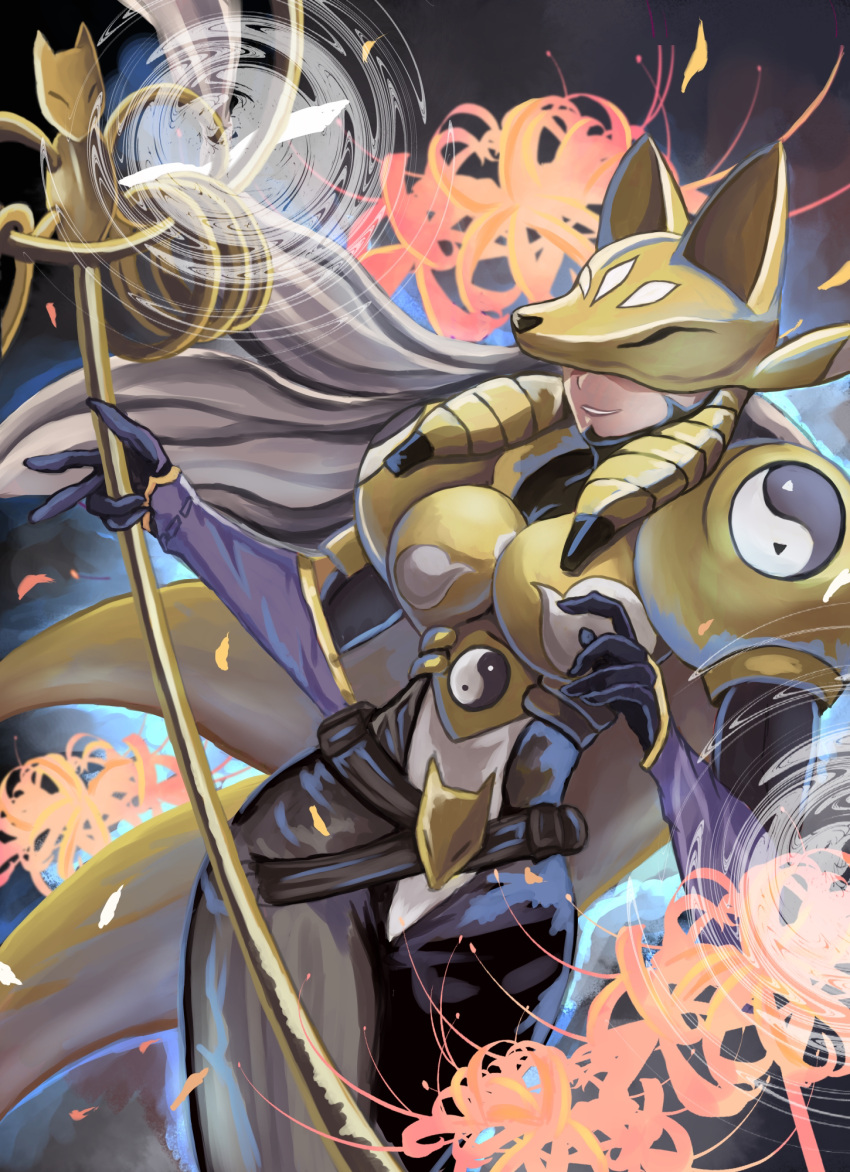 1girl, armor, belt, black_bodysuit, bodysuit, breasts, commentary_request, covered_eyes, detached_sleeves, digimon, digimon_(creature), distortion, facial_mark, flower, fox_mask, gloves, highres, holding, holding_staff, kou_(xcws3487), large_breasts, lipstick, long_hair, low_twintails, makeup, mask, partial_commentary, purple_lips, purple_sleeves, sakuyamon, shoulder_armor, smile, solo, spider_lily, staff, standing, twintails, very_long_hair, yellow_armor, yin_yang, yin_yang_print