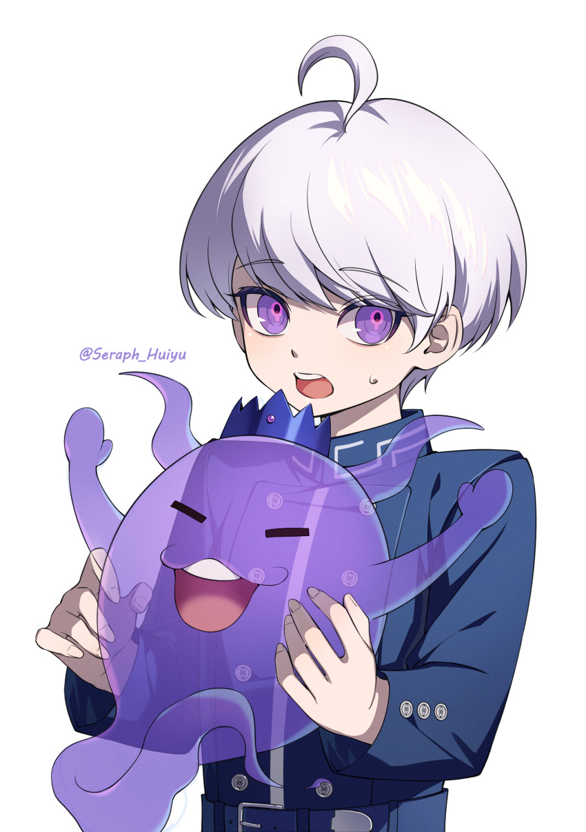 1boy, absurdres, ahoge, arms_up, belt, blue_belt, blue_jacket, closed_eyes