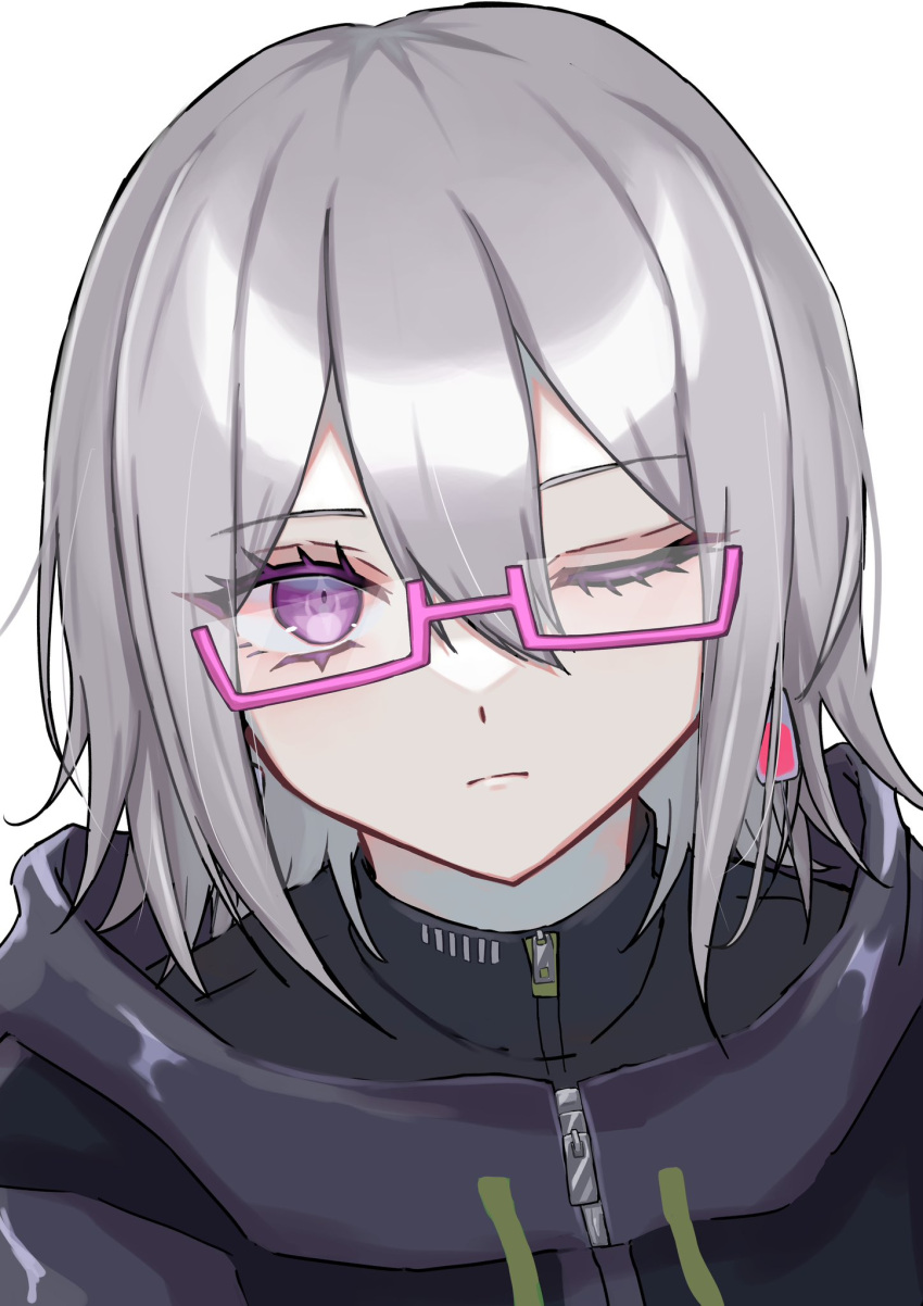 1other, closed_mouth, commentary_request, donburi_(minami_don), earrings, glasses, grey_hair, hair_between_eyes
