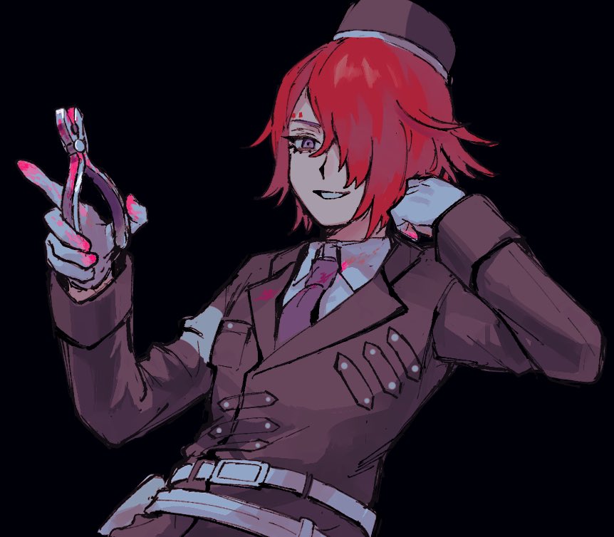 1boy, belt, belt_pouch, black_background, black_headwear, black_jacket, blood, blood_on_clothes