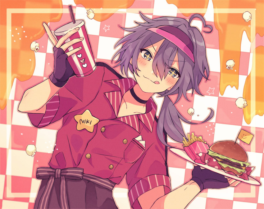 0ihara, 1boy, ahoge, androgynous, black_choker, black_gloves, blue_eyes, blush, brown_pants, burger, checkered_background, choker, closed_mouth, collared_shirt, cup, employee_uniform, ensemble_stars!, fast_food_uniform, fingerless_gloves, food, french_fries, gloves, grey_hair, highres, holding, holding_cup, honey, low_side_ponytail, male_focus, multicolored_background, pants, red_background, red_headwear, red_shirt, shiina_niki, shirt, side_ponytail, smile, solo, tray, uniform, white_background