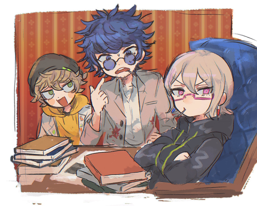 1other, 2boys, averting_eyes, beanie, blonde_hair, blue-tinted_eyewear, blue_eyes, blue_hair