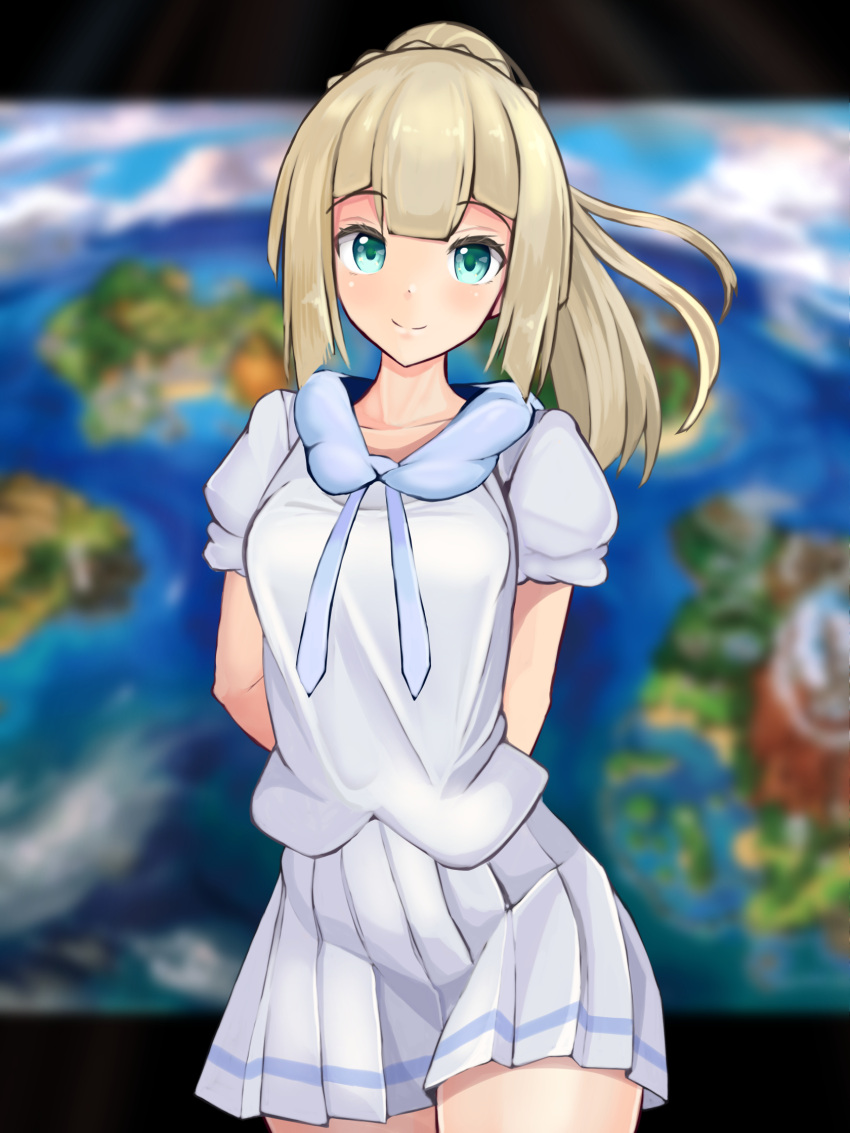1girl, arms_behind_back, blonde_hair, blunt_bangs, closed_mouth, green_eyes, highres, lillie_(pokemon)