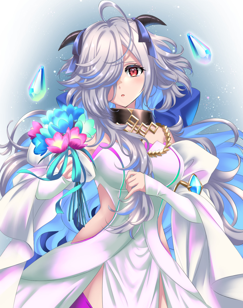 1girl, ahoge, asymmetrical_hair, bare_shoulders, bouquet, crystal, detached_sleeves, dress, eitr_(fire_emblem), fire_emblem, fire_emblem_heroes, goat_horns, highres, holding_own_hair, horns, impossible_clothes, kakiko210, long_hair, looking_at_viewer, parted_lips, red_eyes, solo, white_dress, white_hair