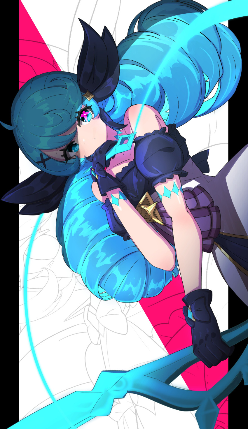 1girl, absurdres, bare_shoulders, black_background, black_bow, black_dress, black_gloves, blue_eyes
