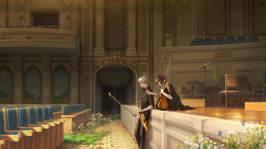 1boy, 1girl, balcony, black_dress, black_pants, black_shirt, blue_butterfly, brown_hair