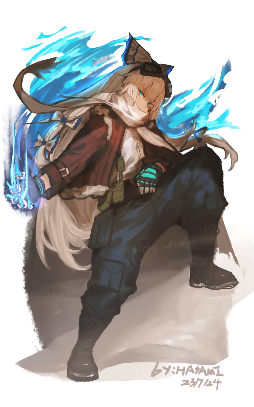 1girl, absurdres, alternate_color, artist_name, black_flower, black_footwear, black_pants, blue_bow, blue_eyes, blue_fire, boots, bow, brown_jacket, commentary, commission, dated, fingerless_gloves, fire, flower, fujiwara_no_mokou, fujiwara_no_mokou_(defiant_blue_phoenix), full_body, fur-trimmed_jacket, fur_trim, gloves, goggles, goggles_on_head, hair_bow, highres, hua_ha_jiazi, jacket, knee_up, long_hair, long_sleeves, looking_at_viewer, official_alternate_costume, open_clothes, open_jacket, pants, pixiv_commission, scarf, scarf_over_mouth, solo, symbol-only_commentary, touhou, touhou_lost_word, two-tone_bow, very_long_hair, white_bow, white_hair, white_scarf