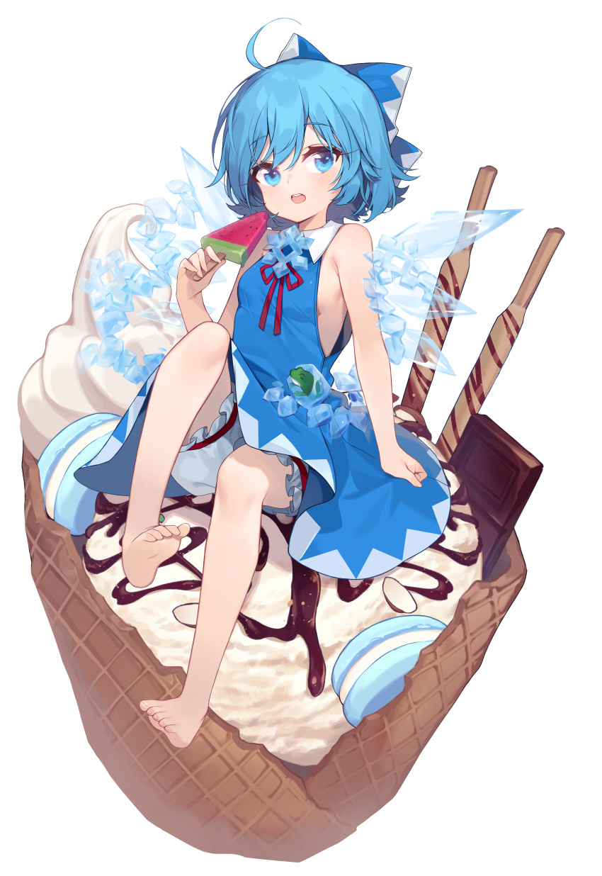 1girl, absurdres, adapted_costume, animal, barefoot, bloomers, blue_bow, blue_dress, blue_eyes, blue_hair, bow, breasts, chocolate, cirno, commentary_request, dress, food, frog, full_body, hair_bow, highres, ice, ice_cream, ice_wings, legs, looking_at_viewer, neck_ribbon, popsicle, red_ribbon, ribbon, sankyaku_tako, short_hair, sitting, sleeveless, sleeveless_dress, small_breasts, snowflakes, soles, solo, toes, touhou, underwear, watermelon_bar, white_bloomers, wings