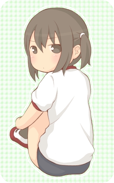 black_eyes, black_hair, buruma, gym_uniform, idu_michito, looking_back, marui_hitoha, mitsudomoe, shoes, short_hair, side_ponytail, sitting, socks, solo, uwabaki