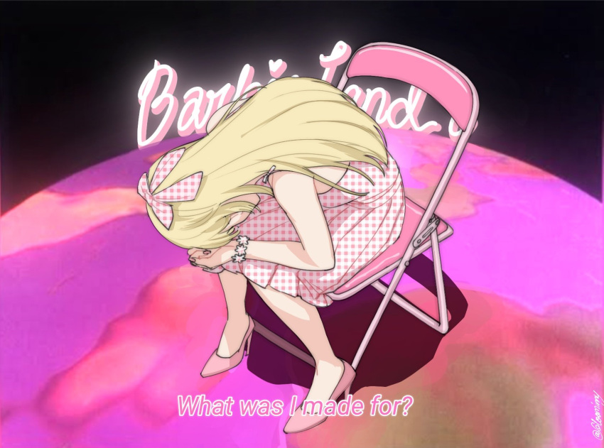 1girl, barbie_(character), barbie_(franchise), barbie_(live_action), black_background, blonde_hair, chair, depressed, dress, highres, kamii_(gloominny), meme, neon_genesis_evangelion, pink_dress, pink_footwear, sad, shinji_in_a_chair_(meme), sitting, solo