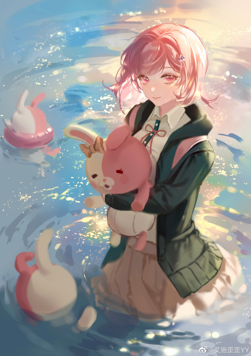 1girl, absurdres, black_jacket, brown_skirt, collared_shirt, cowboy_shot, danganronpa_(series), danganronpa_2:_goodbye_despair, diaper, doll_hug, dress_shirt, ear_bow, galaga, hair_ornament, highres, jacket, looking_at_viewer, monomi_(danganronpa), nanami_chiaki, neck_ribbon, object_hug, open_clothes, open_jacket, pleated_skirt, red_ribbon, ribbon, shirt, skirt, smile, solo, song_yang_yang, translation_request, two-tone_shirt, wading, water