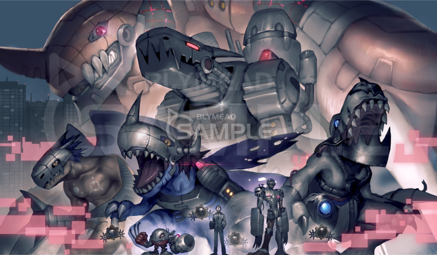 1boy, andromon, arm_mounted_weapon, blue_eyes, blue_hair, blue_skin, blue_wings, bly_mead