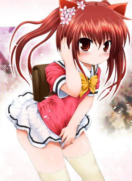 alternate_costume, animal_ears, backpack, bag, blush, cat_ears, flower, fujisaka_lyric