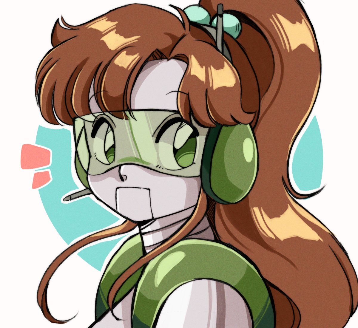 1girl, asymmetrical_bangs, bishoujo_senshi_sailor_moon, brown_hair, expressionless, green_eyes, hair_bobbles, hair_ornament, jenna_(rainynebula), kino_makoto, mechanization, medium_hair, metal_skin, ponytail, robot, robot_girl, sidelocks, solo, white_background