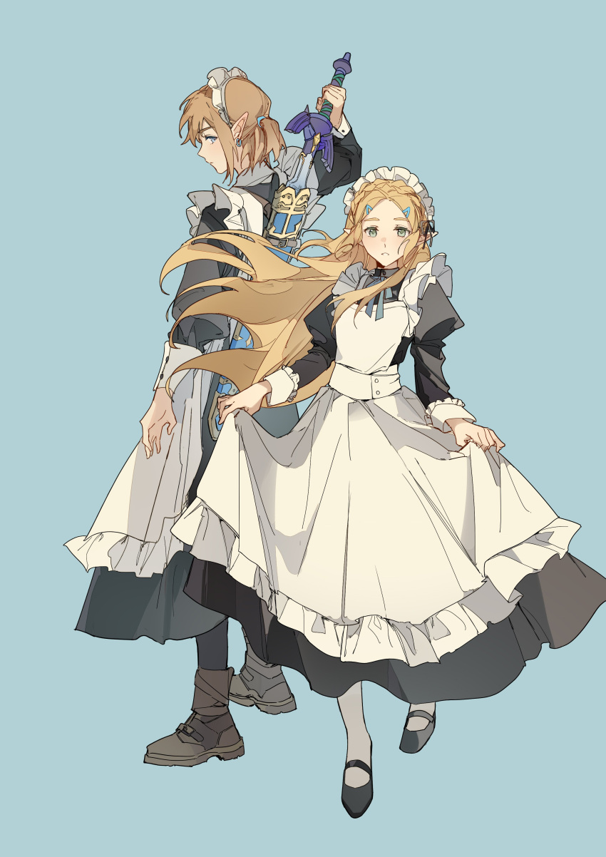 1boy, 1girl, absurdres, alternate_costume, apron, black_dress, black_footwear, blonde_hair