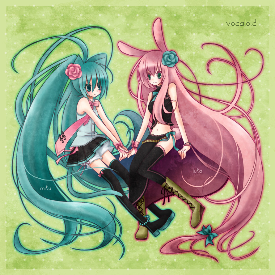 animal_ears, anklet, aqua_hair, bloomers, boots, bow, bracelet, flower