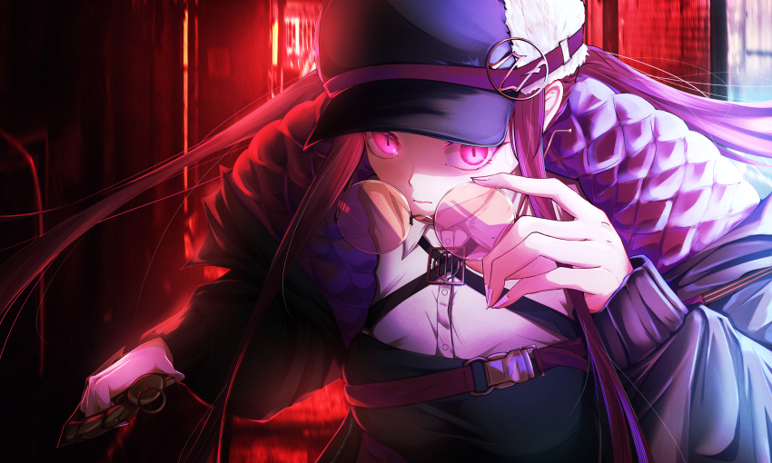 1girl, absurdres, eyewear_removed, fate/grand_order, fate_(series), glowing, glowing_eyes, hat, highres, looking_at_viewer, medusa_(fate), medusa_(saber)_(fate), neon_lights, omaigoodgoodeat, pink-tinted_eyewear, pink_eyes, purple_hair, round_eyewear, solo, square_pupils, sunglasses, tinted_eyewear, upper_body