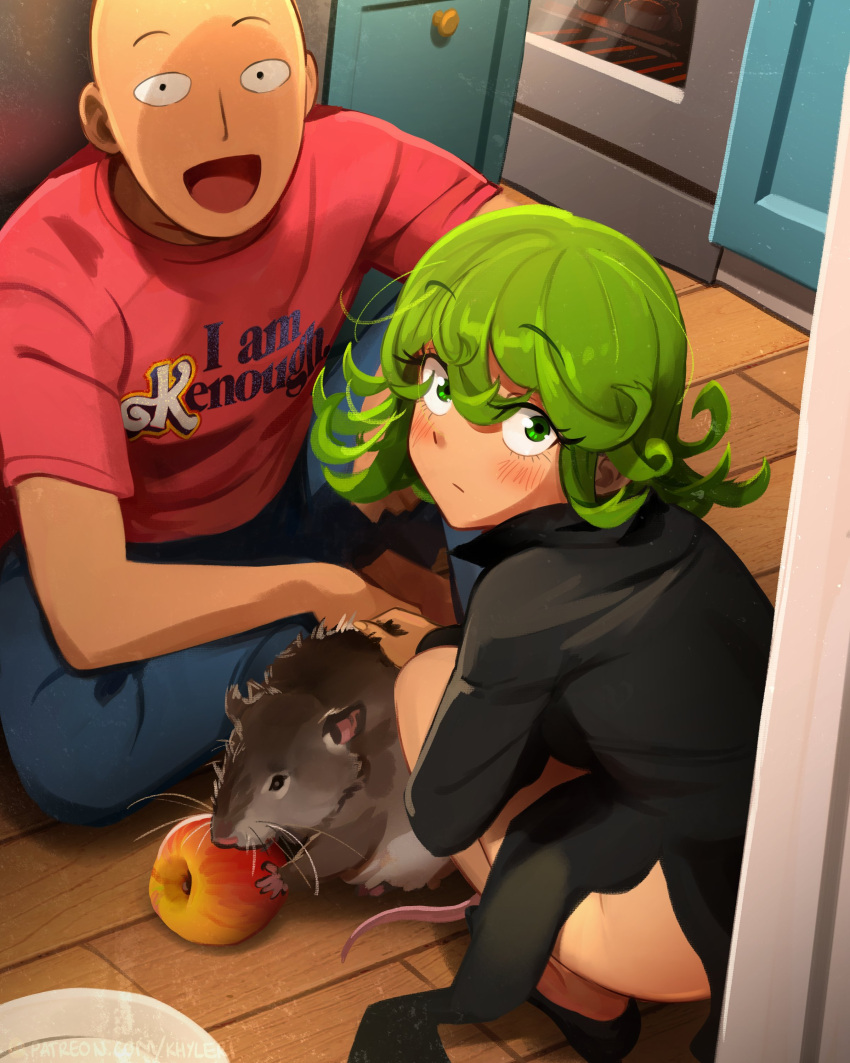 1boy, 1girl, :d, ^_^, absurdres, animal, apple, bald