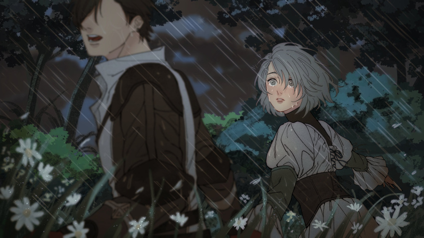 1boy, 1girl, absurdres, aged_down, black_hair, blush, clive_rosfield, clouds