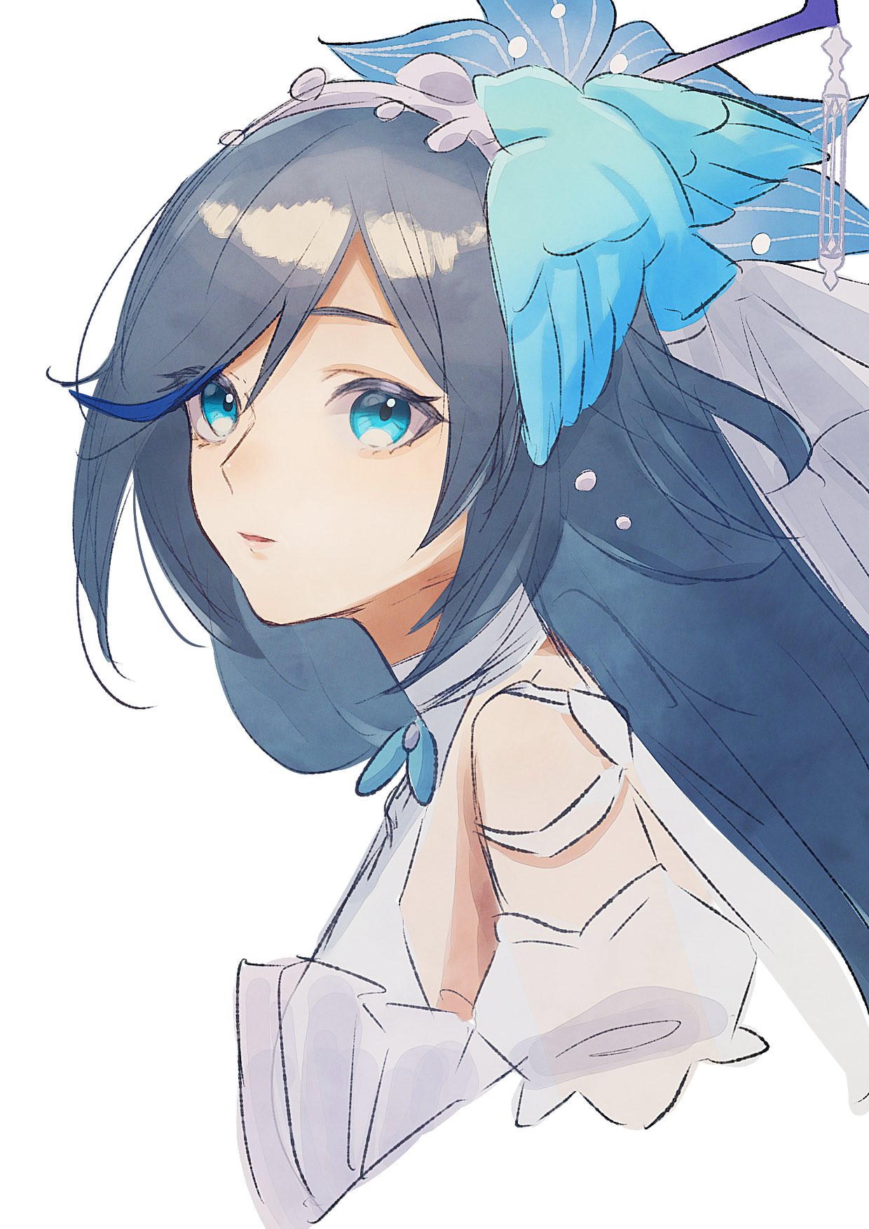 1girl, bird, bird_hair_ornament, blue_bird, blue_eyes, blue_headwear, dmr_pic, dress, english_commentary, fu_hua, fu_hua_(azure_empyrea), grey_hair, hair_between_eyes, hair_ornament, highres, honkai_(series), honkai_impact_3rd, long_hair, official_alternate_costume, parted_lips, simple_background, solo, white_background, white_dress, white_headwear