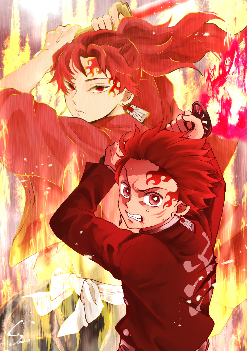 2boys, absurdres, blood, blood_from_mouth, clenched_teeth, closed_mouth, demon_slayer_uniform, floating_hair, hanafuda_earrings, highres, holding, holding_sword, holding_weapon, jacket, japanese_clothes, kamado_tanjirou, katana, kimetsu_no_yaiba, kimono, long_hair, long_sleeves, multiple_boys, ponytail, red_eyes, red_jacket, red_kimono, redhead, scar_on_head, short_hair, sky_blue_025250, sword, teeth, tsugikuni_yoriichi, weapon