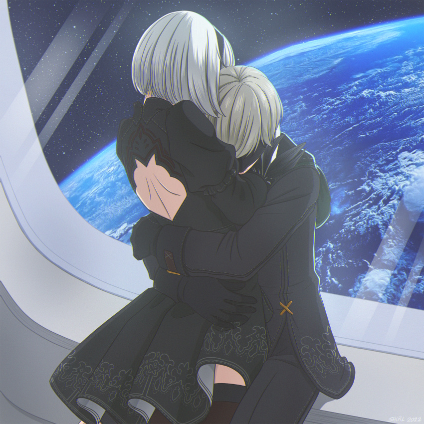1boy, 1girl, back_cutout, black_blindfold, black_dress, black_gloves, black_hairband, black_jacket, black_pants, blindfold, clothing_cutout, couple, dress, earth_(planet), gloves, grey_hair, hairband, hetero, highres, hug, jacket, long_sleeves, medium_hair, nier:automata, nier_(series), pants, planet, shirl_geem, short_dress, shoulder_blades, sitting, standing, yorha_no._2_type_b, yorha_no._9_type_s