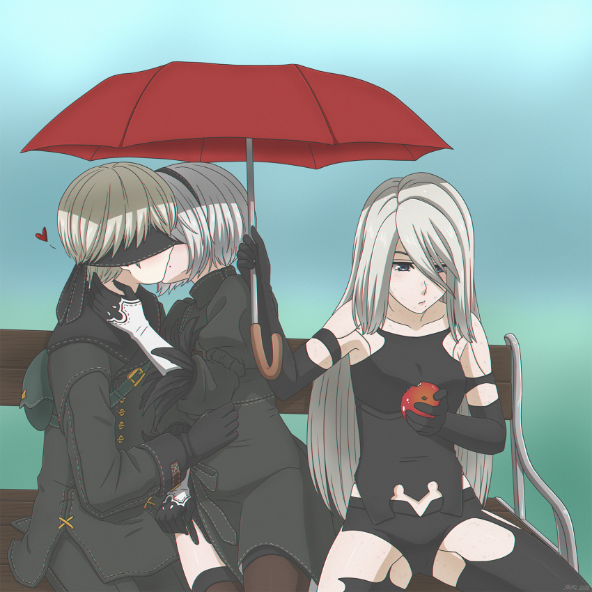 1boy, 2girls, apple, bench, black_blindfold, black_dress, black_gloves, black_hairband, black_jacket, black_pants, black_shorts, black_thighhighs, blindfold, collarbone, dress, elbow_gloves, food, fruit, gloves, grey_hair, hairband, heart, highres, holding, holding_food, holding_umbrella, jacket, kiss, long_hair, long_sleeves, micro_shorts, mole, mole_under_mouth, multiple_girls, nier:automata, nier_(series), outdoors, pants, red_apple, red_umbrella, shirl_geem, short_dress, short_hair, shorts, sitting, straight_hair, thigh-highs, umbrella, very_long_hair, yorha_no._2_type_b, yorha_no._9_type_s, yorha_type_a_no._2