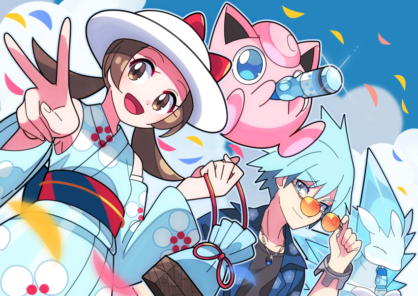 1boy, 1girl, :d, alolan_sandslash, bottle, brown_eyes, brown_hair, clouds