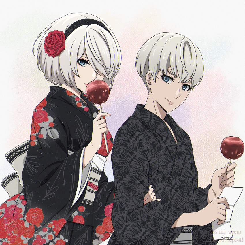 1boy, 1girl, black_hairband, black_kimono, blue_eyes, candy_apple, closed_mouth, eyebrows_hidden_by_hair