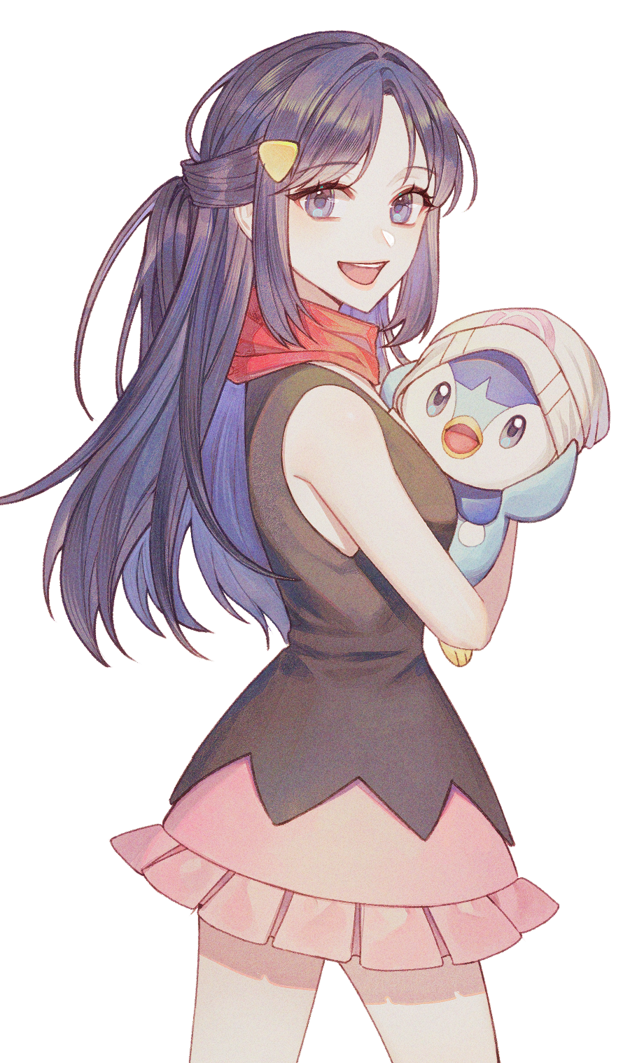 1girl, :d, bare_arms, black_hair, blue_eyes, clothed_pokemon, commentary, eyelashes