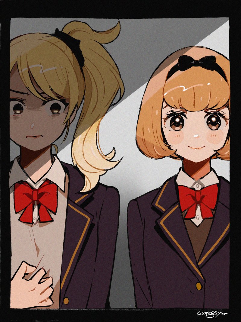 2girls, amano_miyabi_(sound_horizon), black_hairband, black_jacket, blazer, blonde_hair, blush, bow