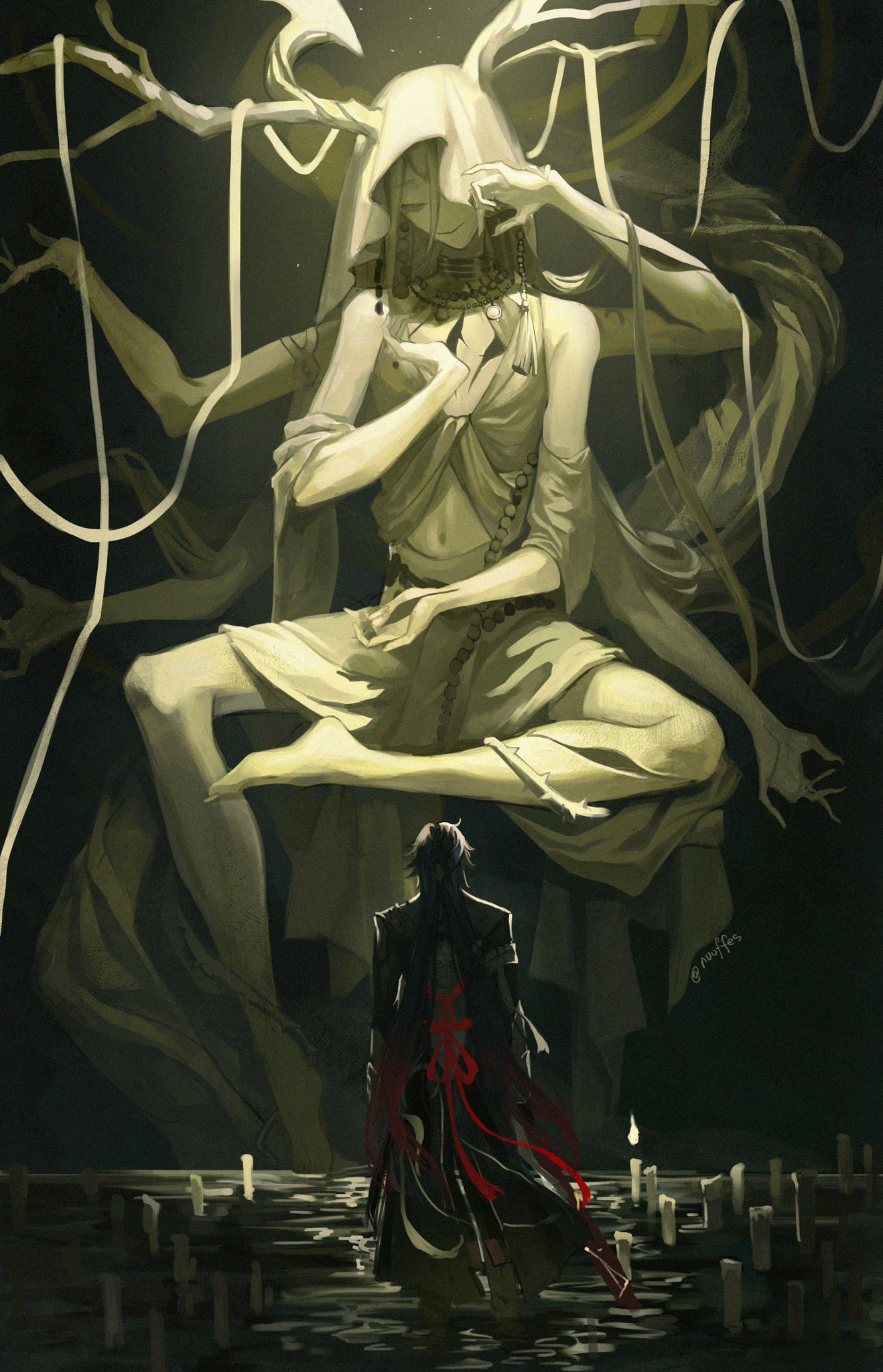 1boy, 1other, blade_(honkai:_star_rail), branch, candle, chinese_clothes, closed_eyes, closed_mouth