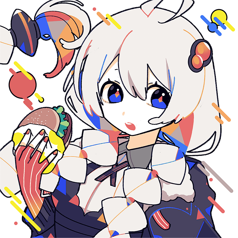 1girl, ahoge, alternate_hair_color, black_dress, black_jacket, blue_eyes, braid, burger