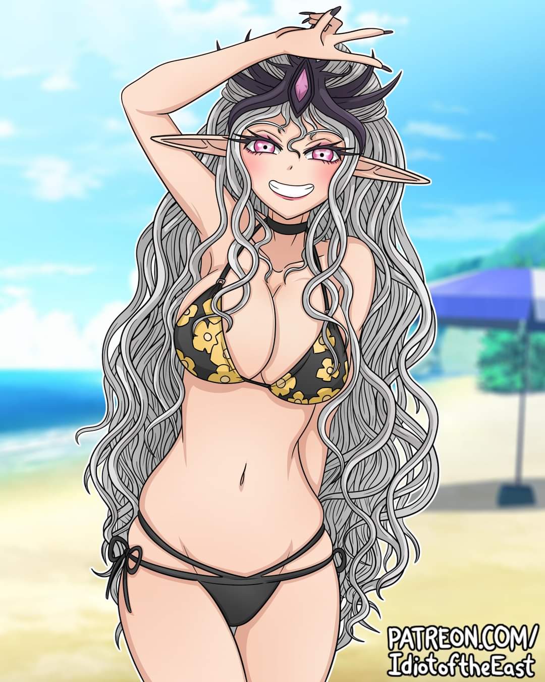 1girl, beach, bikini, elden_ring, idiotoftheeast, long_hair, slaanesh, smile