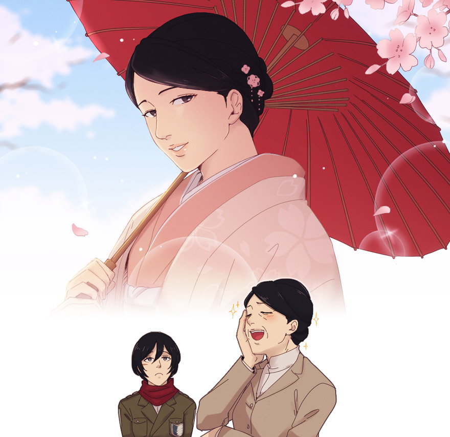 2girls, aged_down, black_eyes, black_hair, brown_jacket, cherry_blossoms, commentary, flashback
