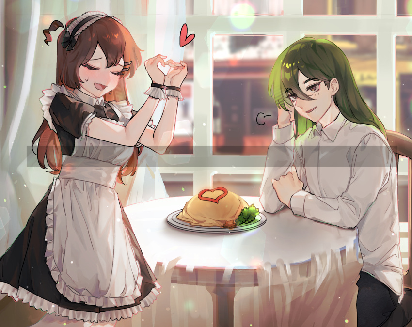 1boy, 1girl, ahoge, apron, black_dress, blush, chair, closed_eyes