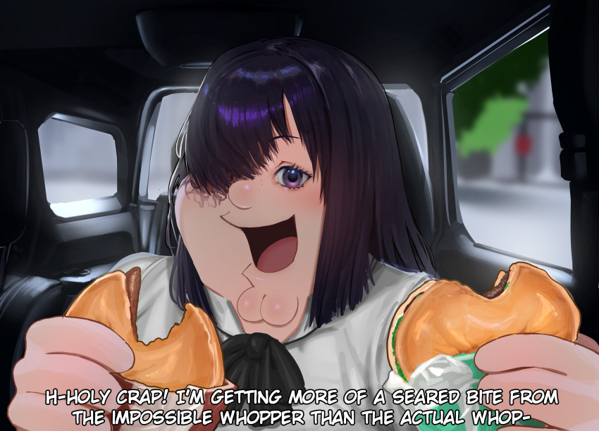 1boy, absurdres, black_hair, burger, burn_scar, car_interior, cleft_chin, cosplay