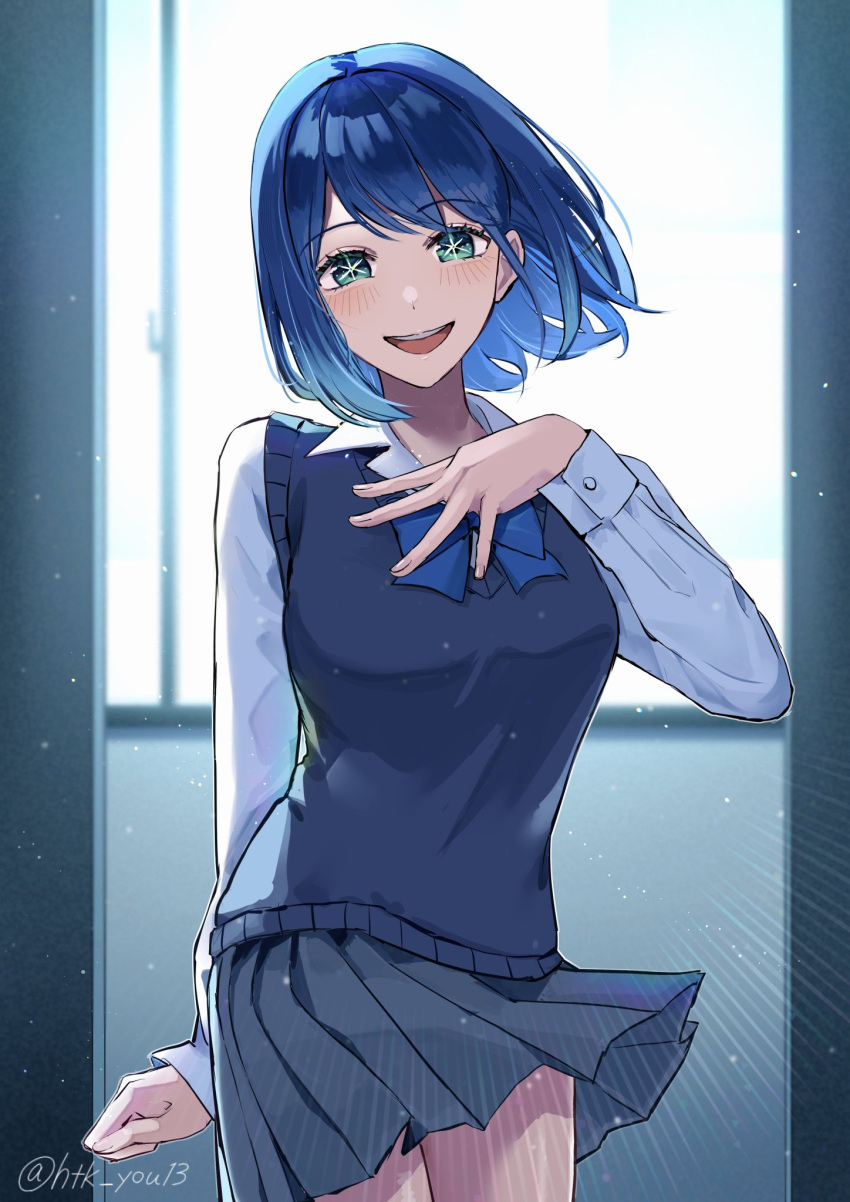 1girl, aqua_eyes, black_sweater_vest, blue_bow, blue_bowtie, blue_hair, blurry, blush