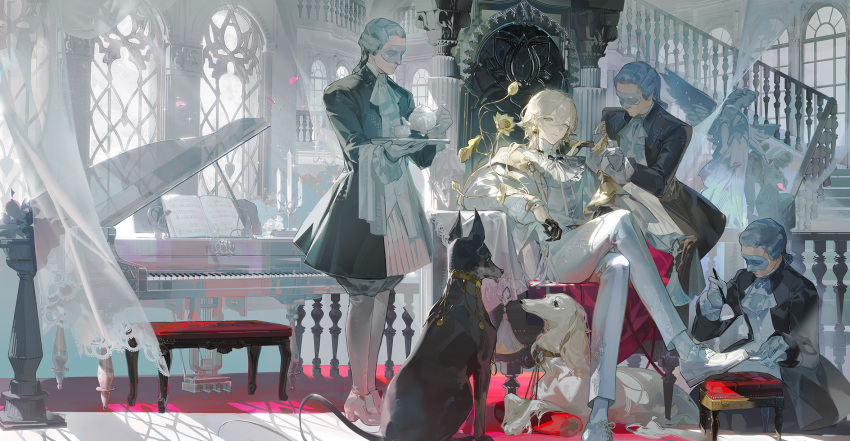 4boys, animal, ascot, bench, black_coat, black_gloves, blonde_hair, blue_hair