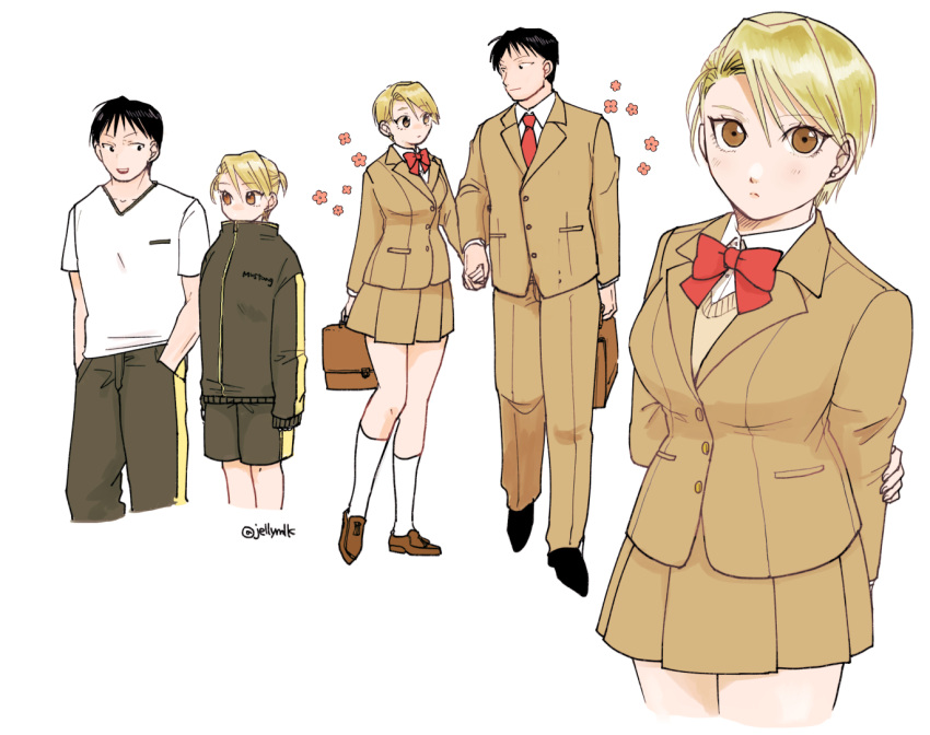 1boy, 1girl, asymmetrical_bangs, bag, black_footwear, black_hair, blonde_hair, blush