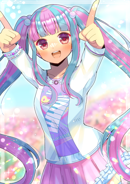 1girl, :d, arms_up, bang_dream!, blue_hair, blurry, blurry_background, blush