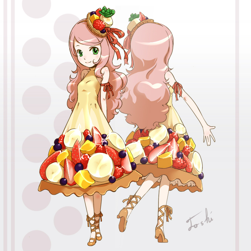 face, food_as_clothes, food_themed_clothes, fruit_tart, green_eyes, long_hair, personification, pink_hair, ribbon, smile, solo, toshi_(tsujigiri_style)