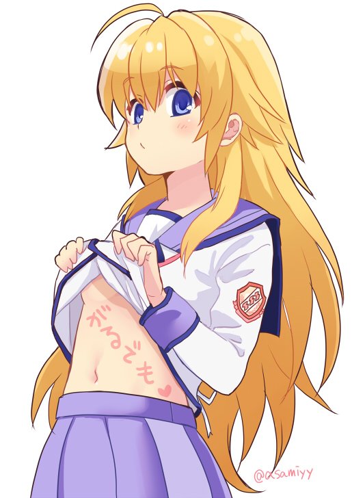 1girl, ahoge, angel_beats!, asami_yuriko, blonde_hair, blue_eyes, blue_sailor_collar, blue_skirt, blush, closed_mouth, clothes_lift, commentary_request, cowboy_shot, hair_between_eyes, heart, lifted_by_self, long_hair, long_sleeves, looking_at_viewer, miniskirt, navel, pleated_skirt, presenting_stomach, sailor_collar, school_uniform, sekine_shiori, shinda_sekai_sensen_uniform, shirt, shirt_lift, sidelocks, simple_background, skirt, solo, spiky_hair, stomach, twitter_username, very_long_hair, white_background, white_shirt