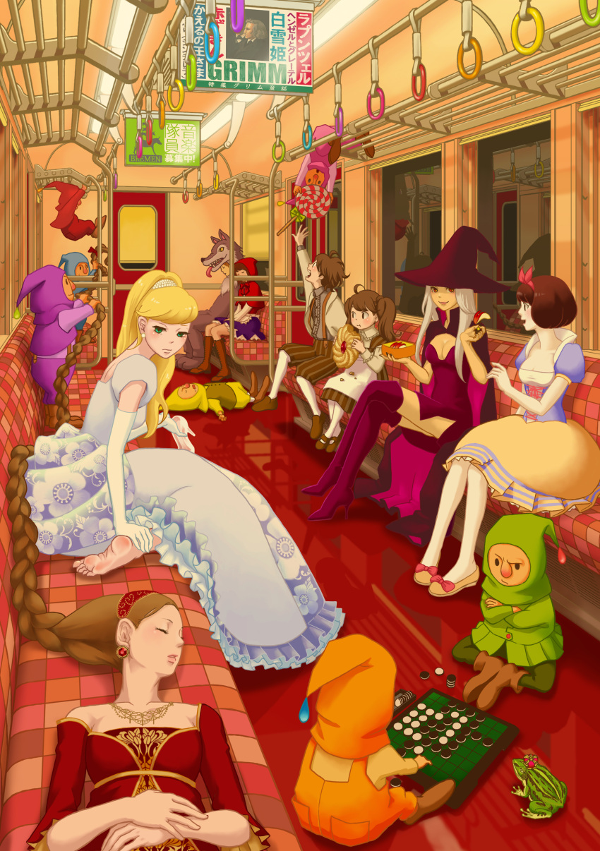absurdres, apple, big_bad_wolf, big_bad_wolf_(grimm), board_game, braid, cinderella, crossover, dress, dwarf, dwarf_(grimm), elbow_gloves, feet, food, frog, frog_prince, fruit, gloves, gretel_(grimm), grimm's_fairy_tales, hansel_(grimm), hansel_and_gretel, highres, little_red_riding_hood, little_red_riding_hood_(grimm), rapunzel, rapunzel_(grimm), reversi, single_braid, sleeping, sleeping_beauty, snow_white, snow_white_(grimm), snow_white_and_the_seven_dwarfs, thighhighs, train, train_interior, witch, yuuhei