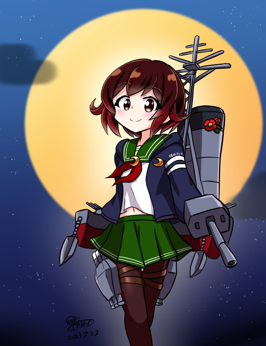 1girl, adapted_turret, black_pantyhose, blue_jacket, brown_eyes, brown_hair, cannon, commentary_request