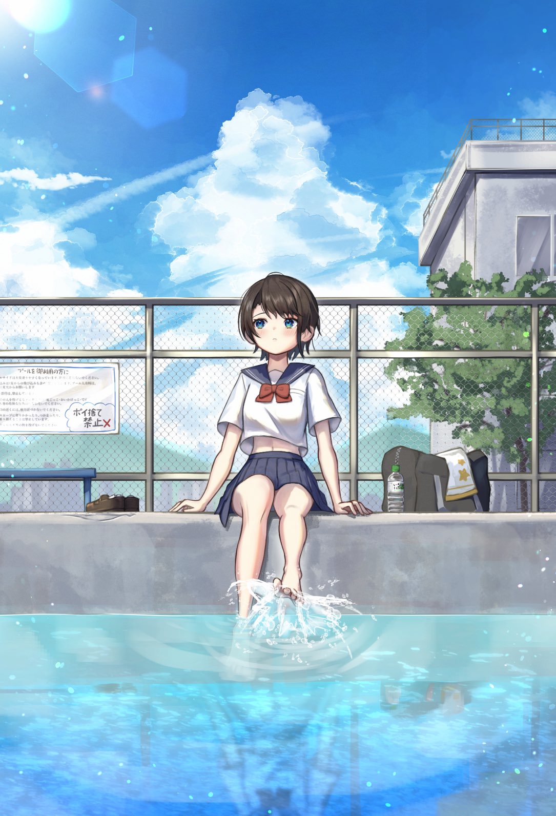 1girl, ao_ne, bag, barefoot, black_bag, blue_eyes, blue_sailor_collar, blue_skirt