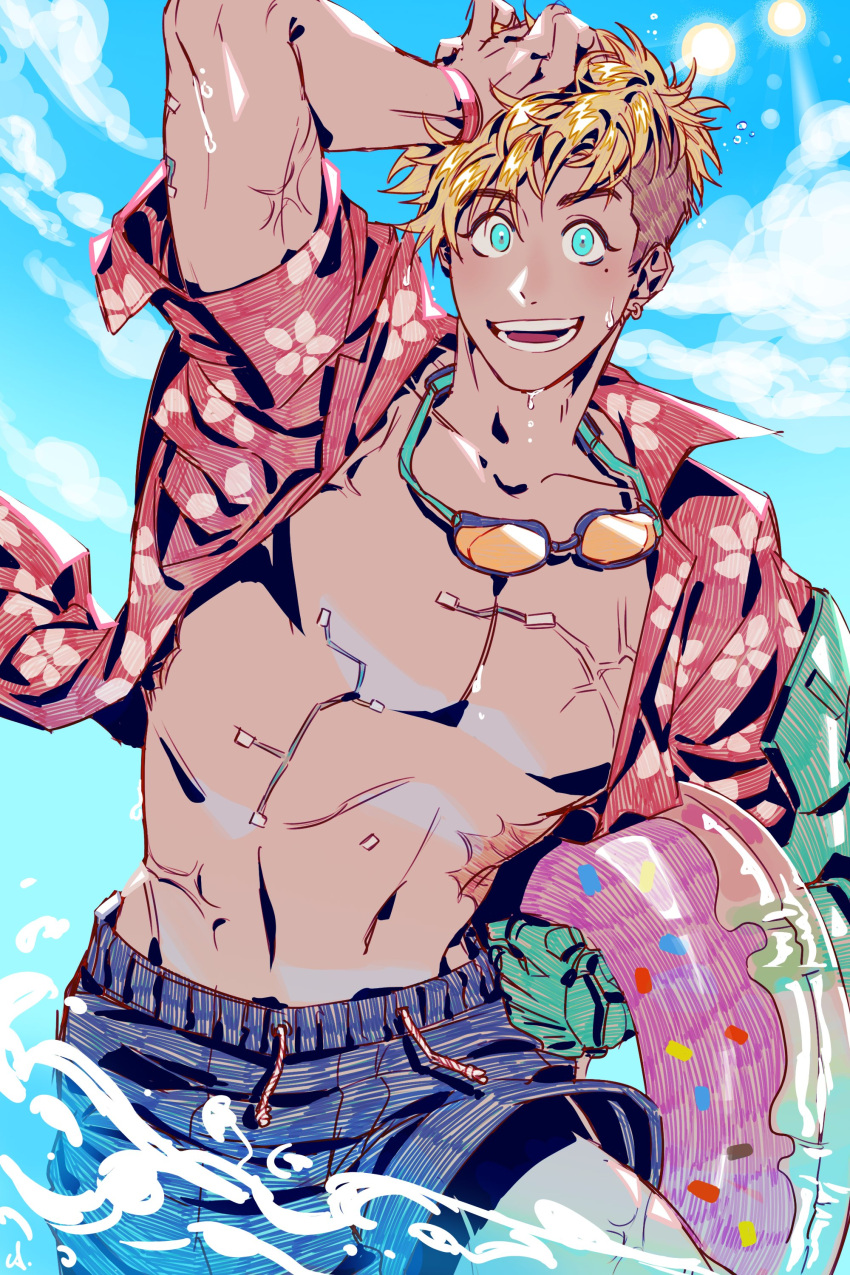 1boy, :d, absurdres, arm_up, blonde_hair, blue_eyes, blue_shorts, cowboy_shot